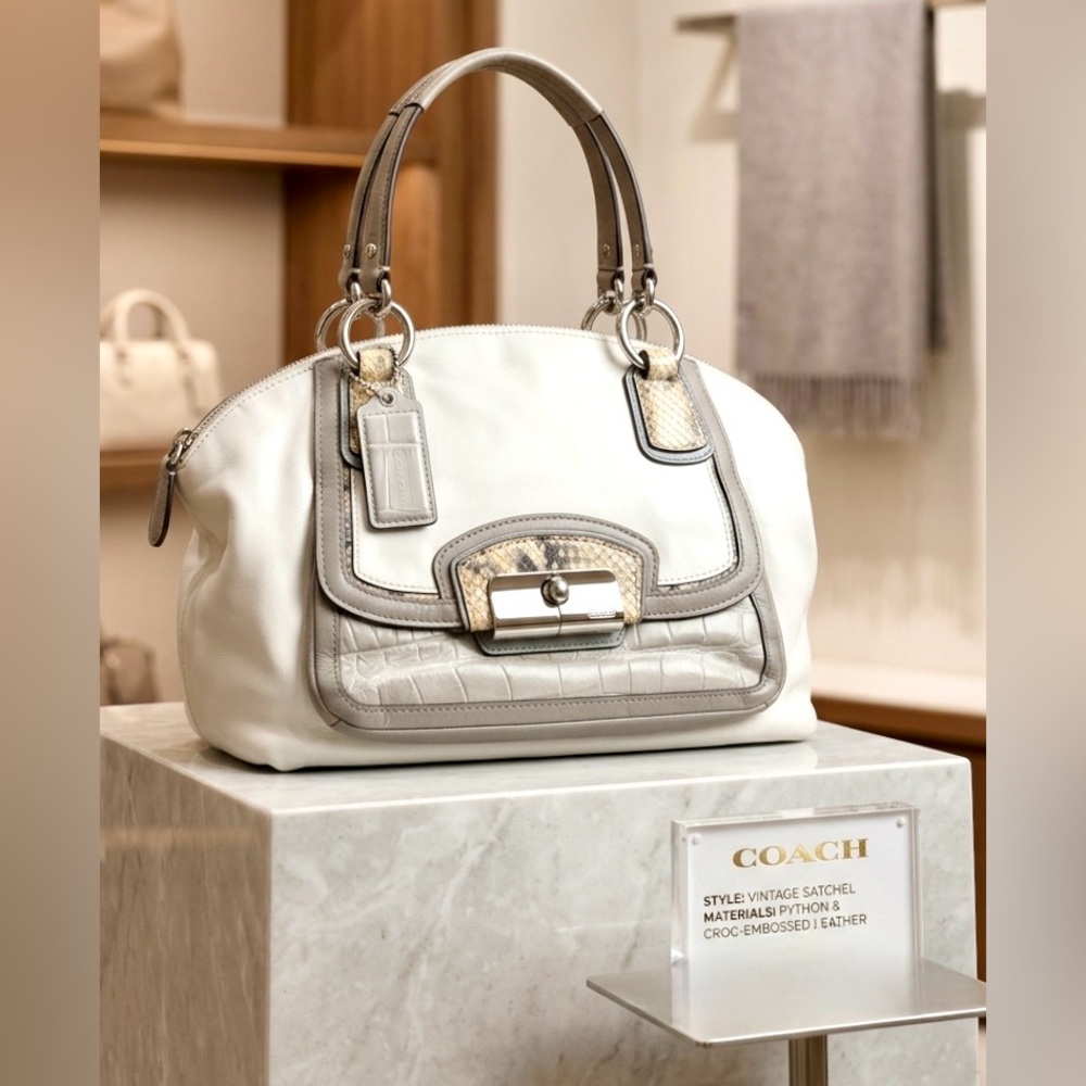 Coach Madison Dowel Satchel Bag White Leather Python & Croc Trims 19308 - Picture 1 of 9